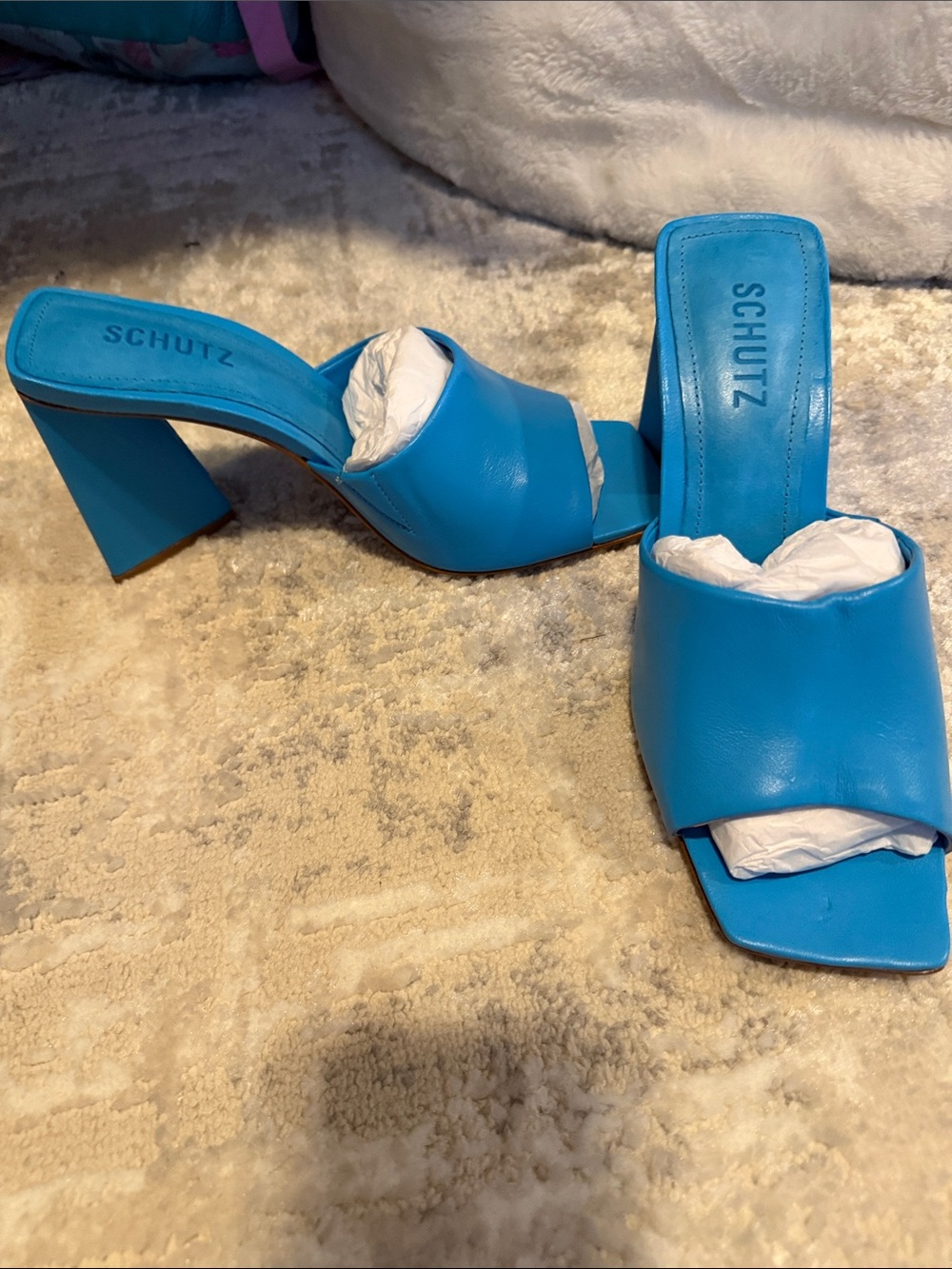 SCHUTZ Bright Blue Square-Toe Block Heel Mules